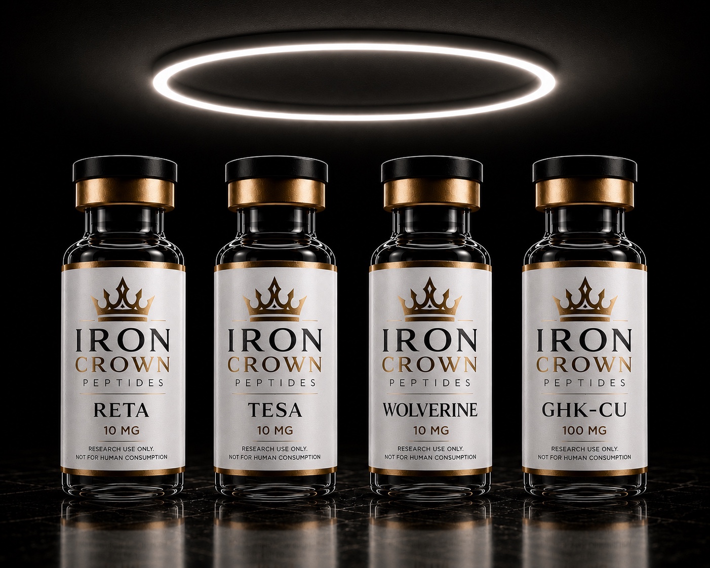 Iron Crown Retatrutide, Tesamorelin, Wolverine and GHK-Cu vials under halo light