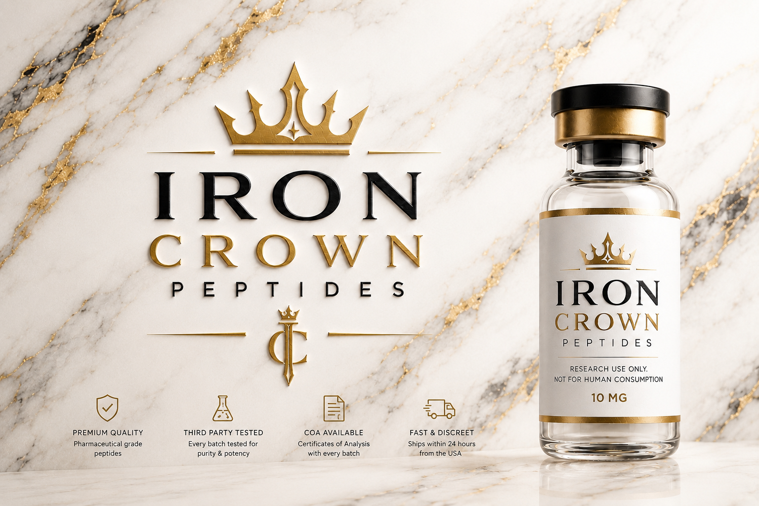 Iron Crown Peptides bright white granite luxury hero with 10 mg vial